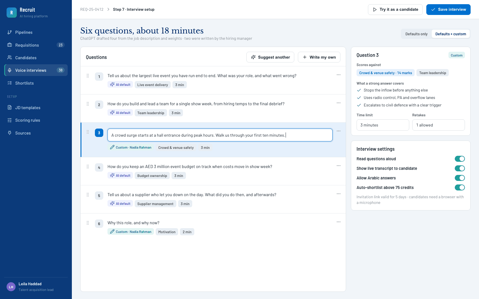 Interview setup with ChatGPT-drafted and custom questions