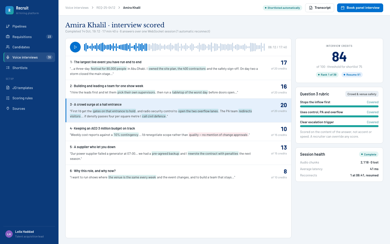 A scored interview: transcript, credits per answer and session health