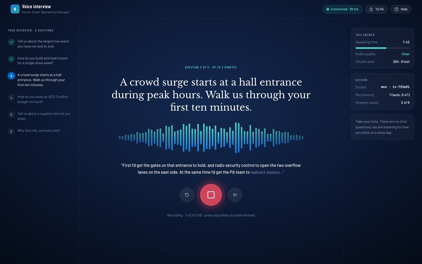 Live voice interview: the question, the waveform and the WebSocket connection