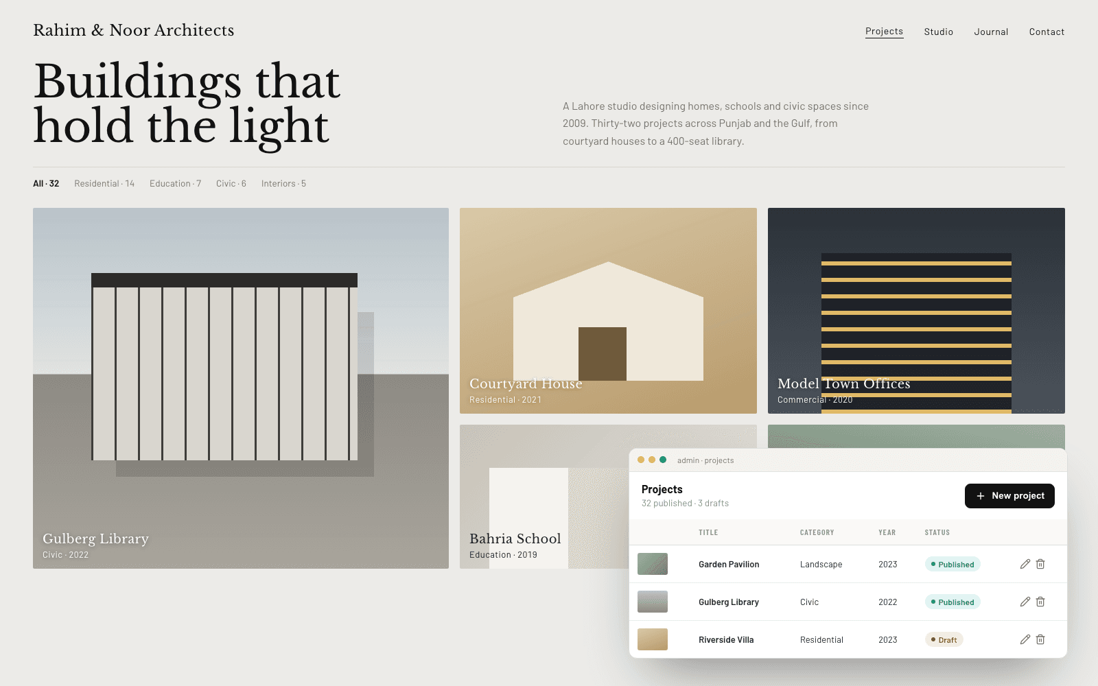 The studio's project grid with the admin panel for managing projects