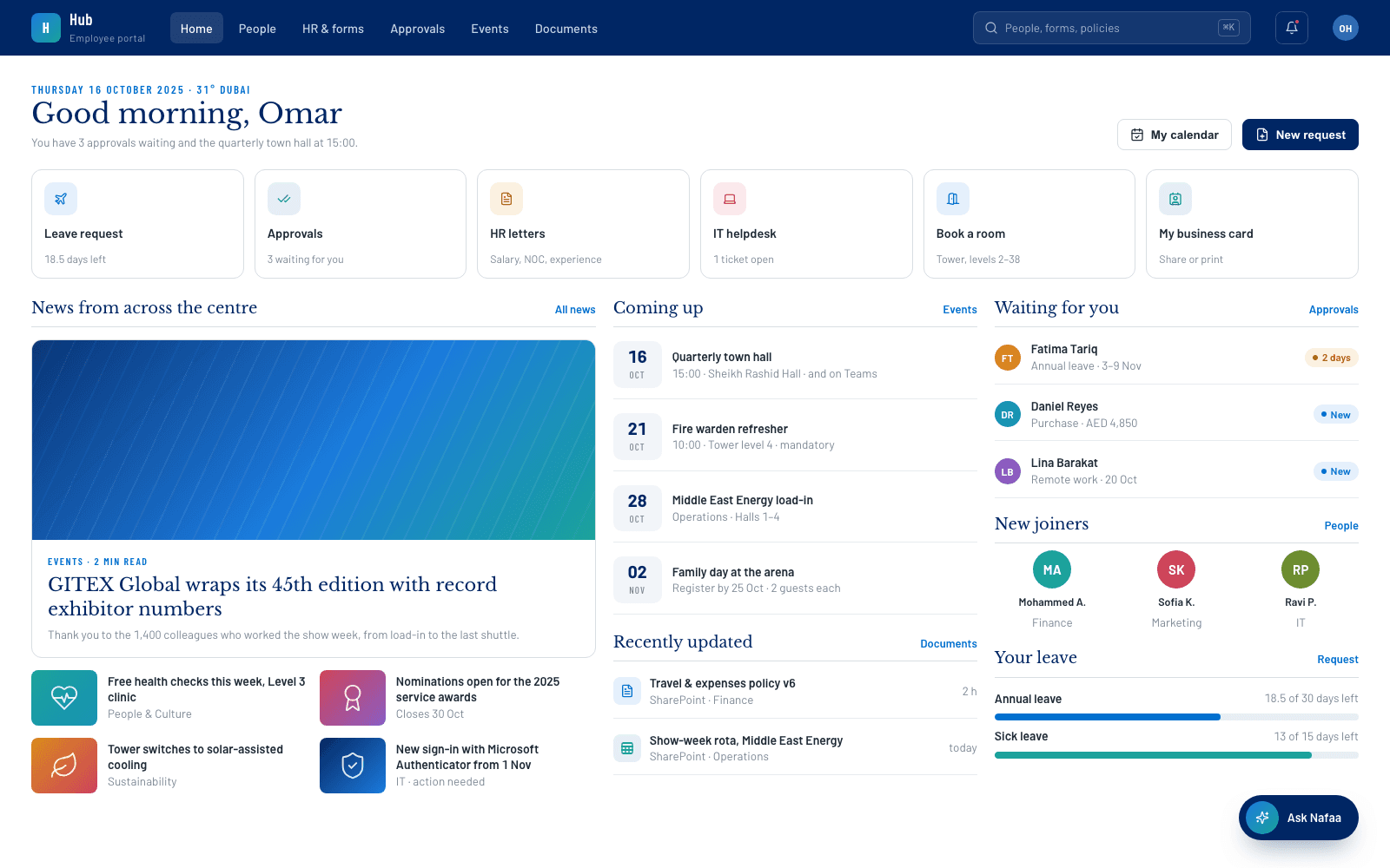Hub home: greeting, quick links, news, events and pending approvals