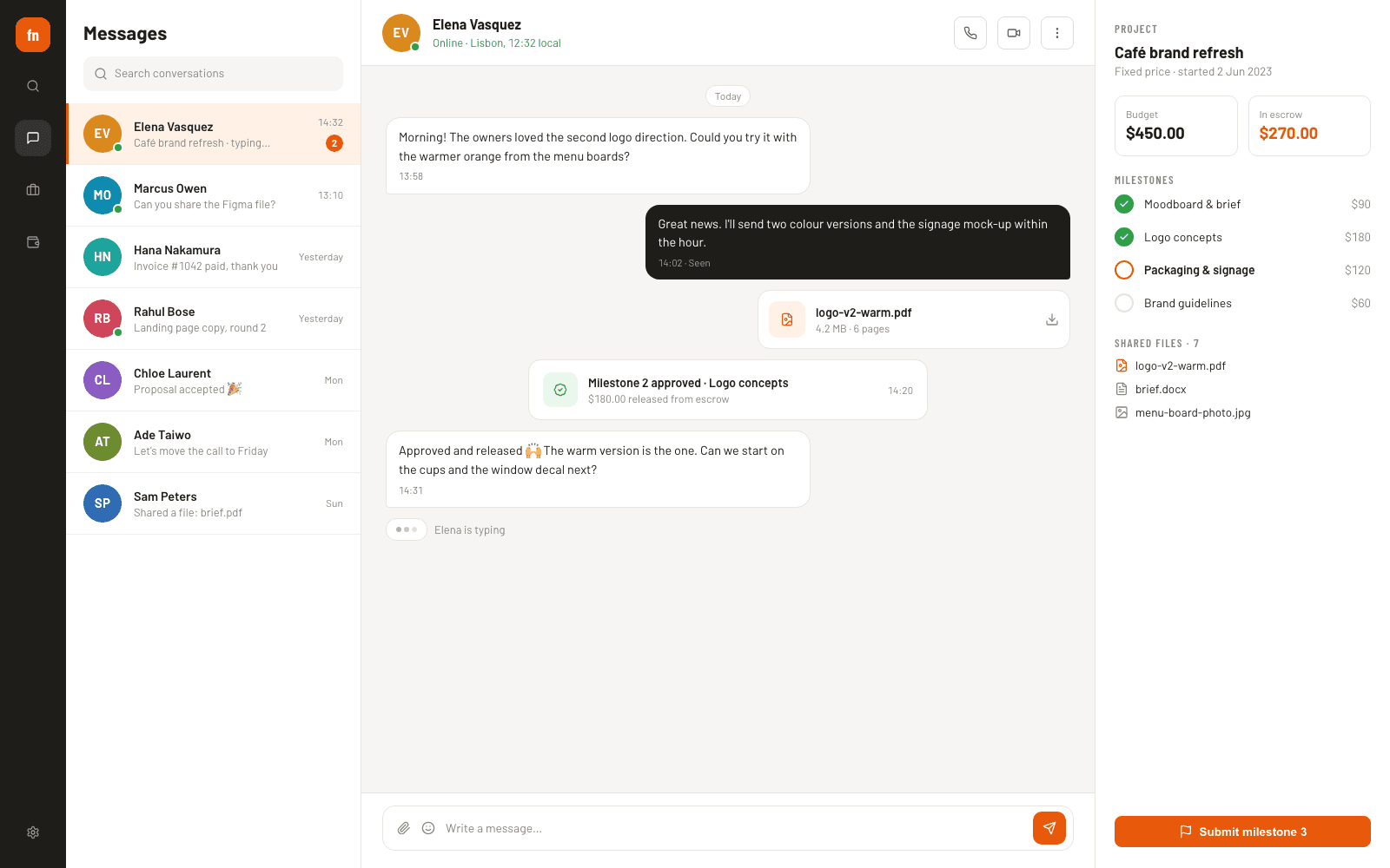 Real-time chat with a client, a milestone release and project details