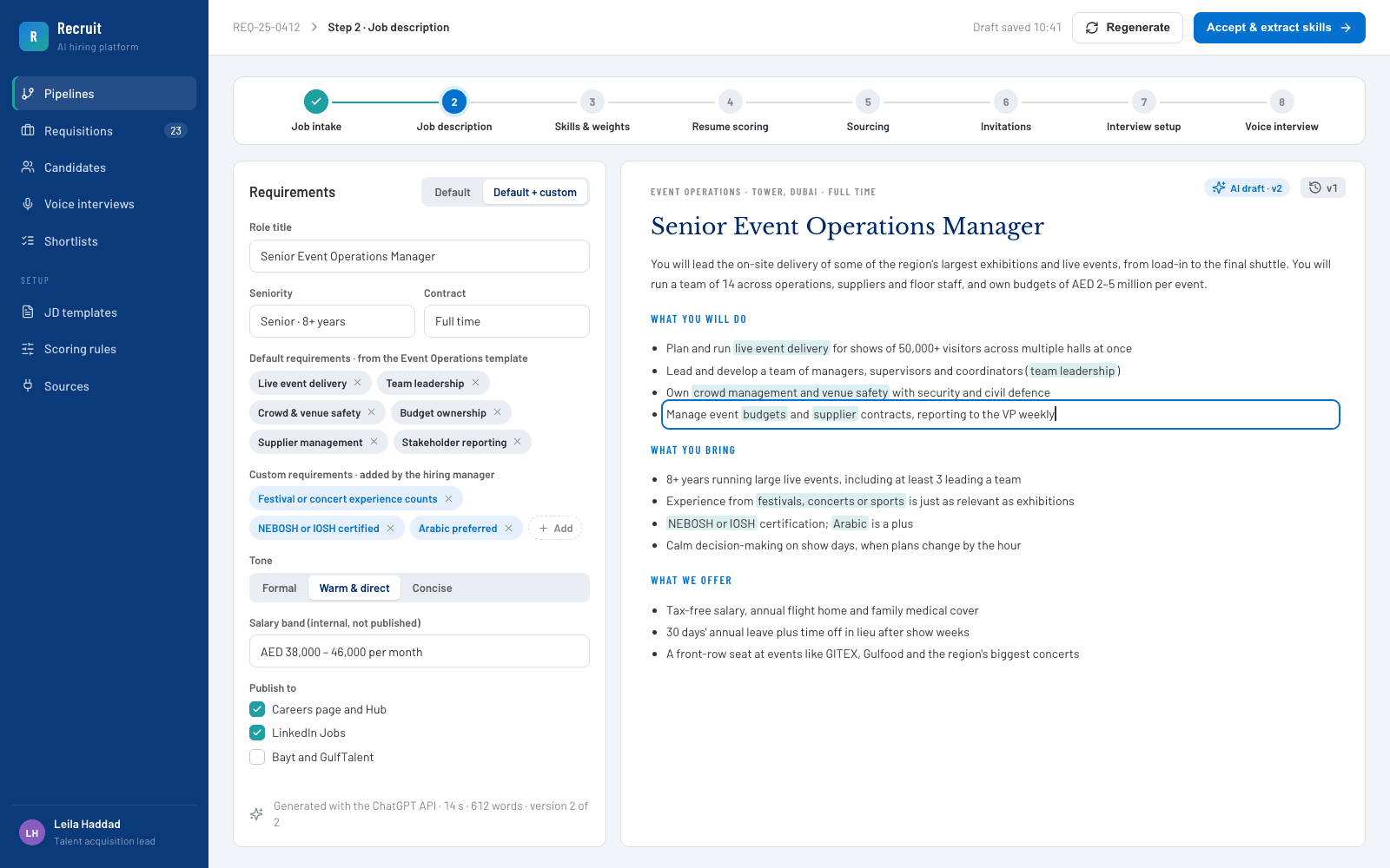 Job description generated from default and custom requirements